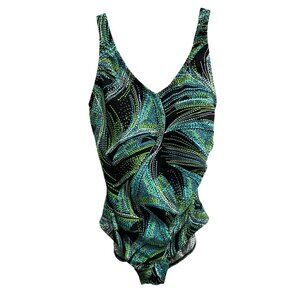 Speedo Womens One-Piece Swimsuit Black Green Abstract Print Size 10